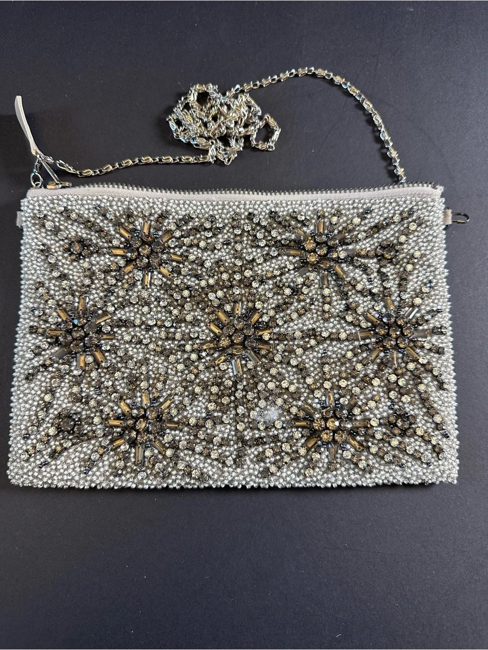 G-LISH Silver Rhinestone Beaded Evening Clutch Crossbody | Crystal Starburst
